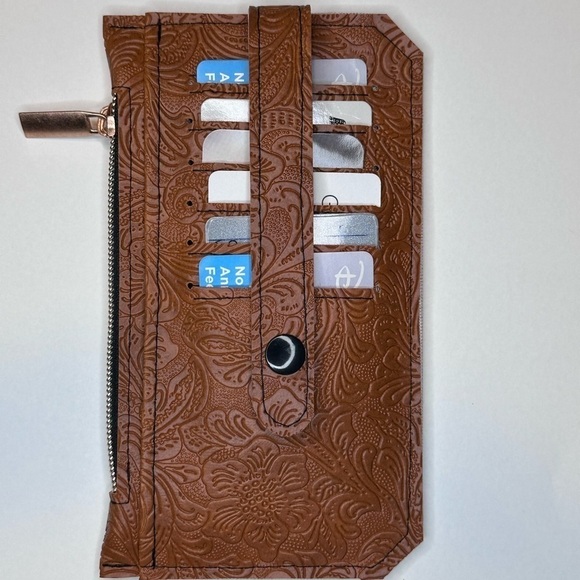 Wallet brown vinyl with tooled pattern rose gold plastic zipper Handmade - Picture 4 of 8